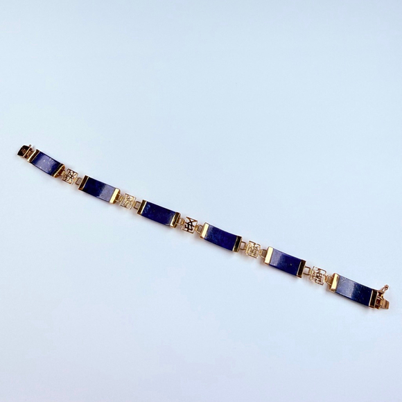 14K Solid Yellow Gold Vintage Chinese Character Rich Lapis Lazuli Panel Bracelet - Picture 10 of 14